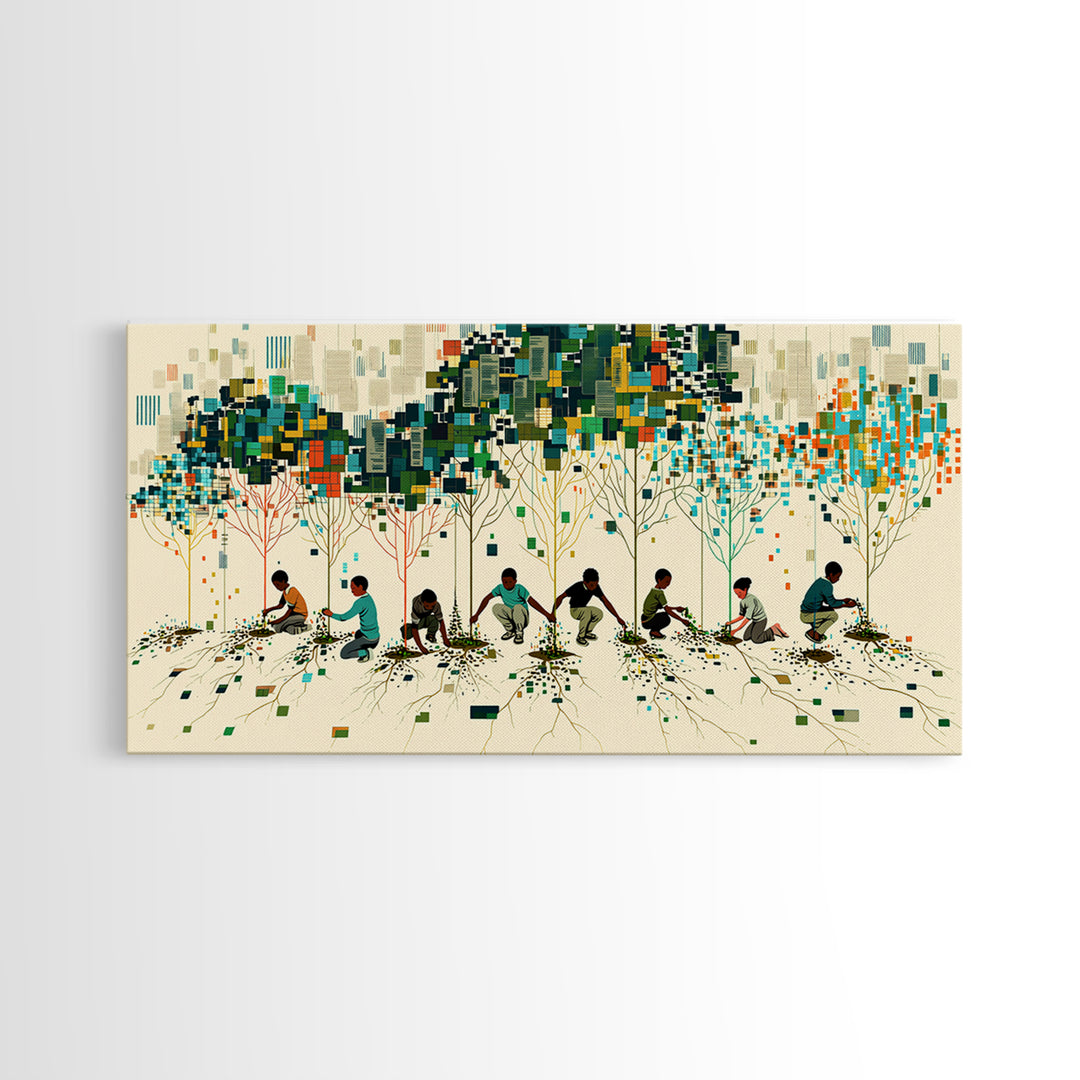 Children Planting Digital Forest Wall Art, African Community Tree Artwork, Modern Afrocentric Decor, Eco Living Room Print