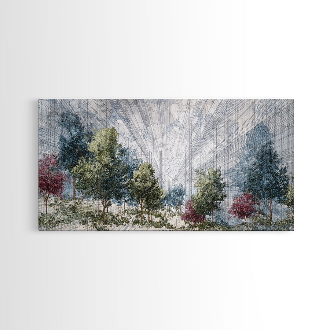 Abstract Urban Forest Canvas Print, Dreamy Nature Scene Art, Modern African Inspired Wall Decor, Blue Green Office Decor