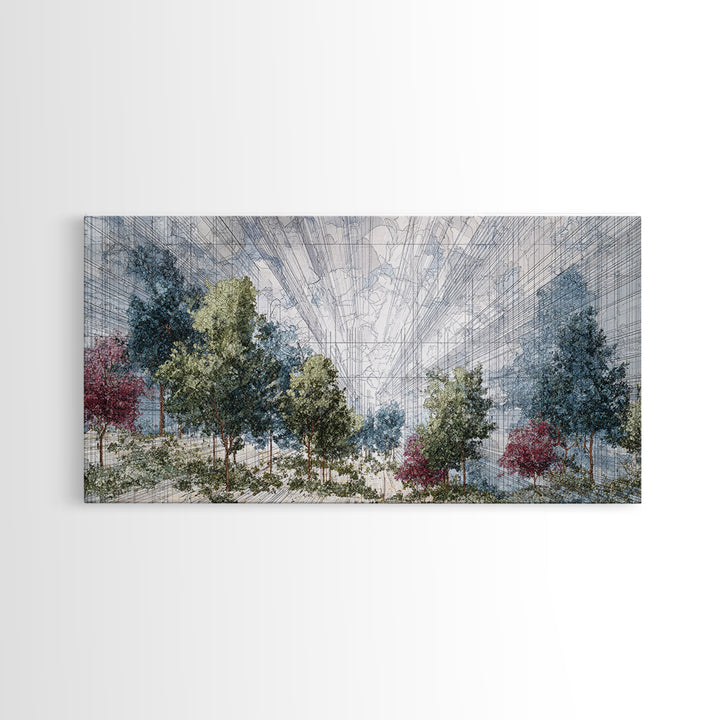 Abstract Urban Forest Canvas Print, Dreamy Nature Scene Art, Modern African Inspired Wall Decor, Blue Green Office Decor