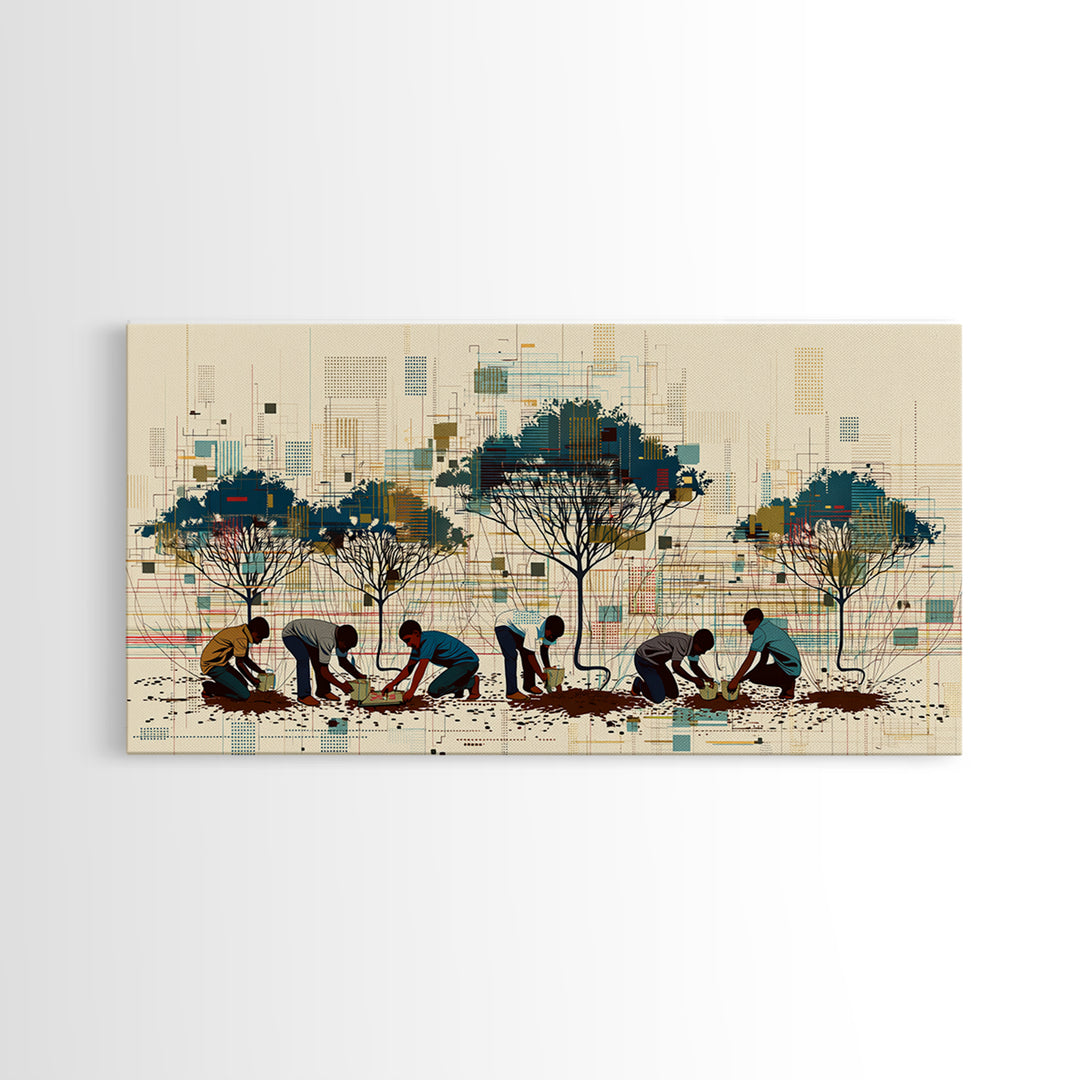 Community Tree Planting Wall Art, African Landscape With Acacia Trees, Modern Afrocentric Print, Cultural Home Decor Gift
