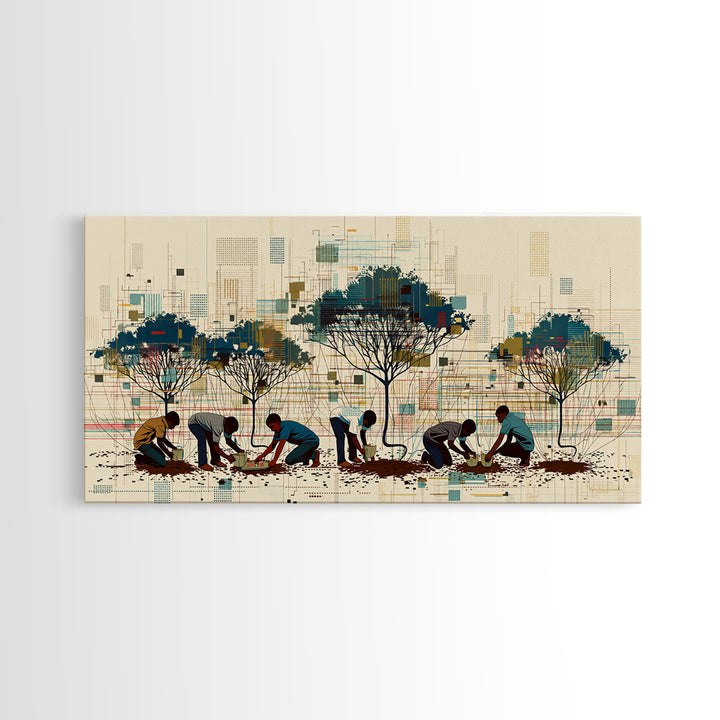 Community Tree Planting Wall Art, African Landscape With Acacia Trees, Modern Afrocentric Print, Cultural Home Decor Gift