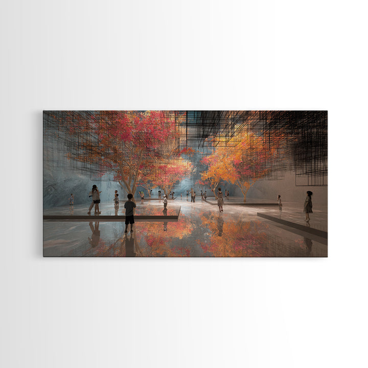 Futuristic Autumn Indoor Park Wall Art, Children In Reflective Gallery, Dreamy Modern Nature Scene, Large Decor Canvas Print