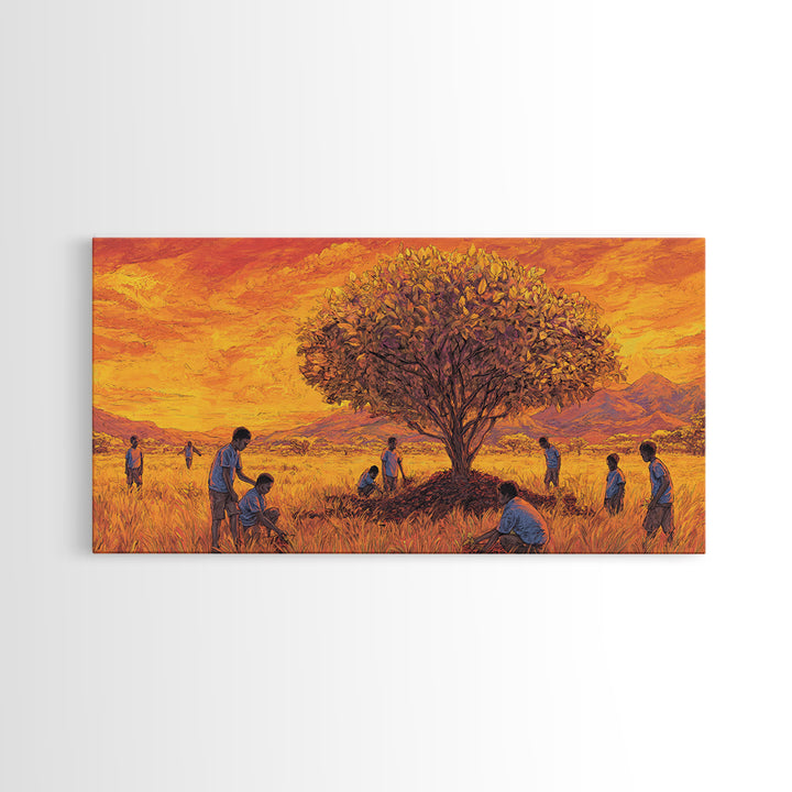 Golden Savanna Tree Framed Canvas Print, African Children Landscape, Sunset Safari Art, Warm Cultural Wall Decor Gift Print