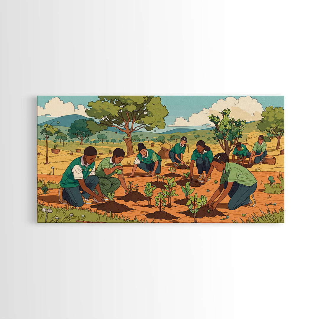 Students Planting Saplings Canvas Print, African Safari Landscape, Youth Garden Artwork, Green Nature Wall Decor Gift For Kids