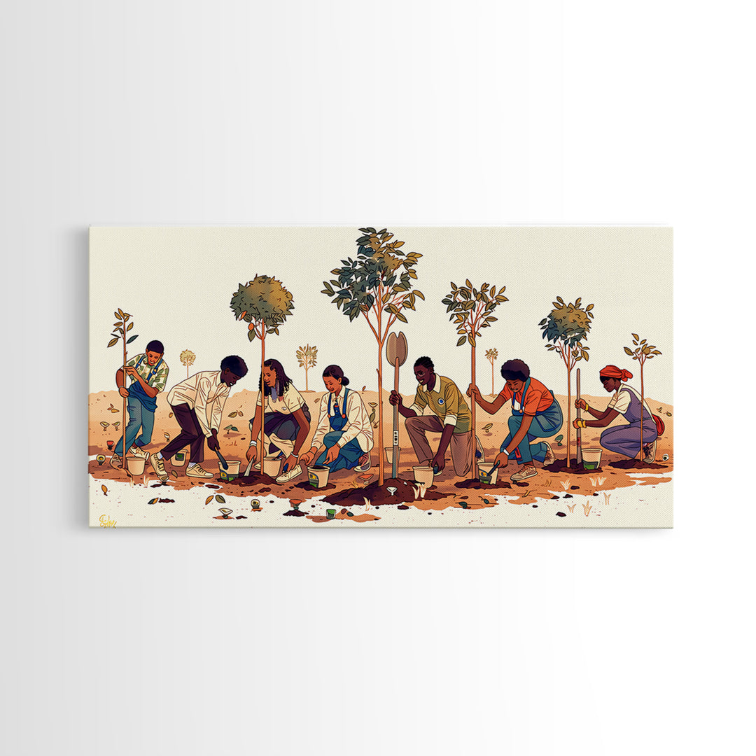 Tree Planting Volunteers Wall Art, African Community Garden Scene, Boho Cultural Artwork, Earth Tone Home Decor Print Gift