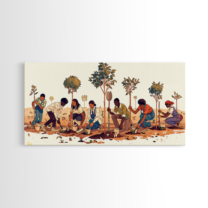 Tree Planting Volunteers Wall Art, African Community Garden Scene, Boho Cultural Artwork, Earth Tone Home Decor Print Gift