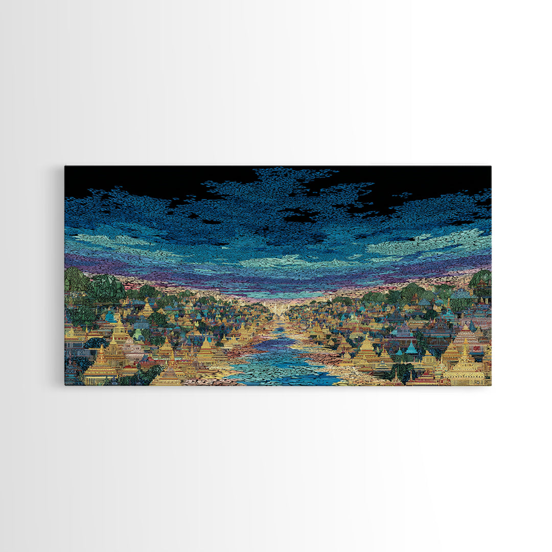 Glowing River City Skyline At Twilight Wall Art, African Inspired Landscape, Luxury Canvas Decor, Living Room Statement Gift