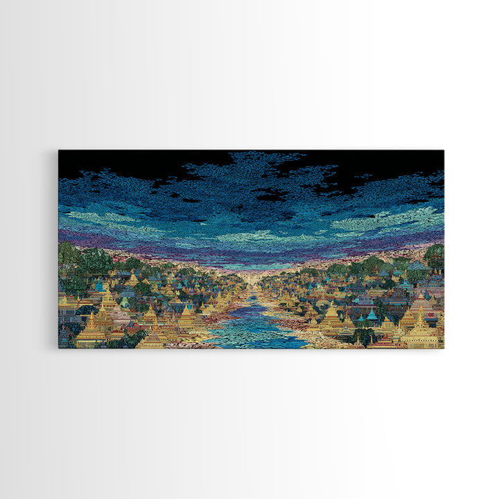 Glowing River City Skyline At Twilight Wall Art, African Inspired Landscape, Luxury Canvas Decor, Living Room Statement Gift