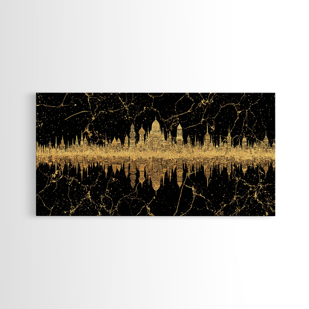 Golden Temple Skyline Reflection Framed Canvas Print, African Inspired Black And Gold Wall Decor, Luxury Statement Art Gift