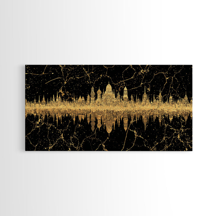 Golden Temple Skyline Reflection Framed Canvas Print, African Inspired Black And Gold Wall Decor, Luxury Statement Art Gift