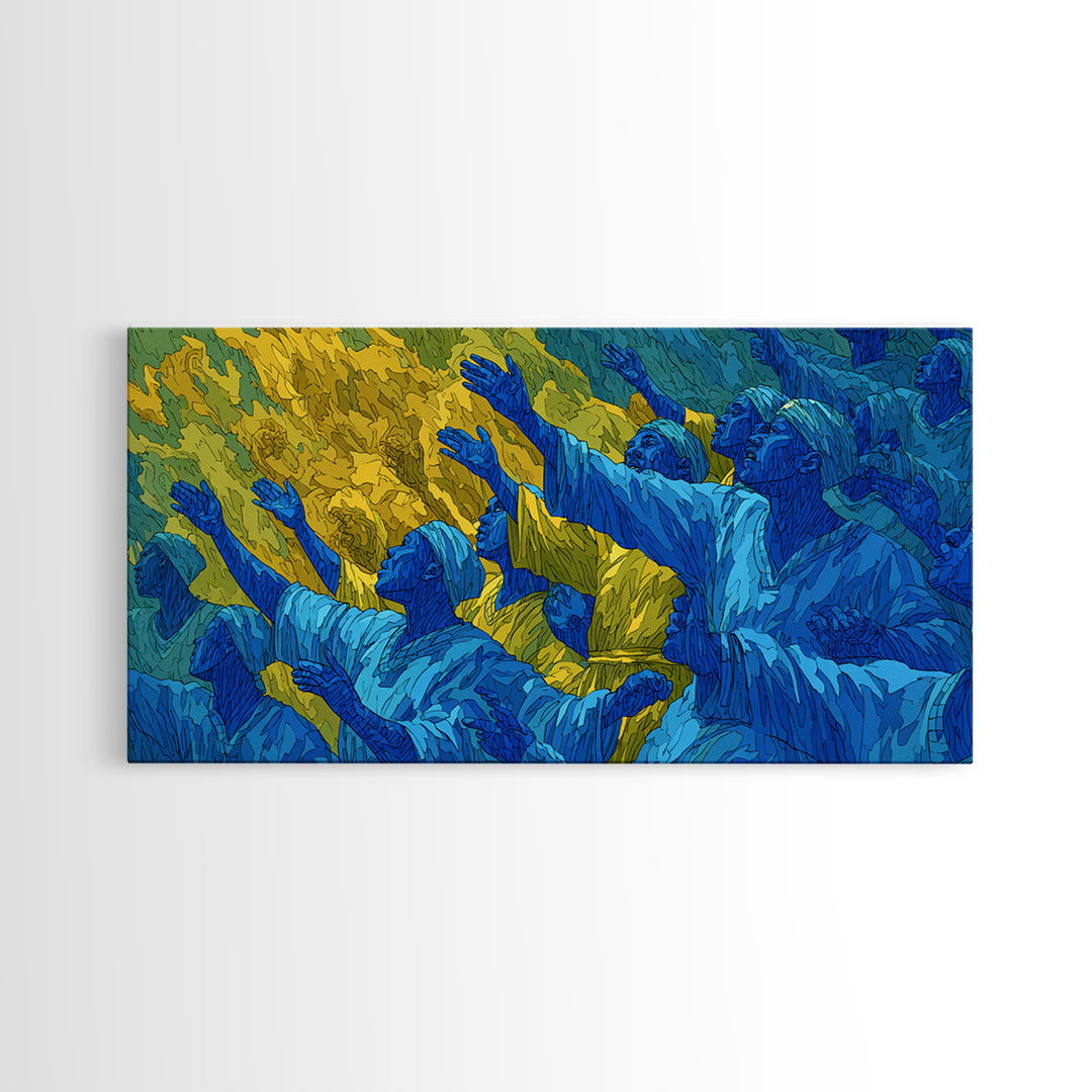 Blue And Gold African Praise Crowd Wall Art, Spiritual Celebration, Afrocentric Cultural Decor, Living Room Home Decor Gift