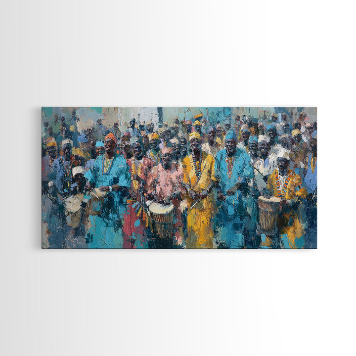 Vibrant African Drumming Procession Framed Canvas Print, Cultural Celebration Wall Decor, Afrocentric Home Decor Gift Art