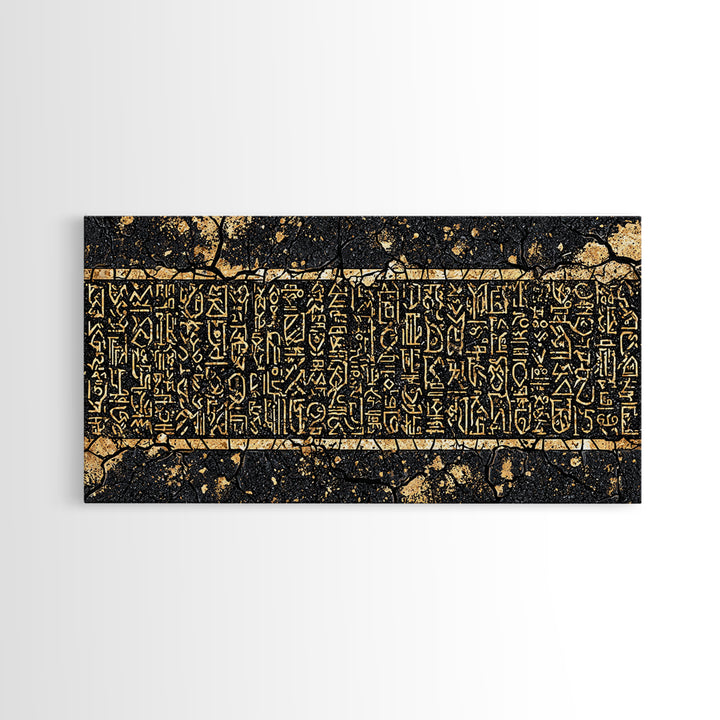 Gold Egyptian Hieroglyph Panel Wall Art, African Culture Art Print, Ancient African Decor, Black And Gold Statement Canvas