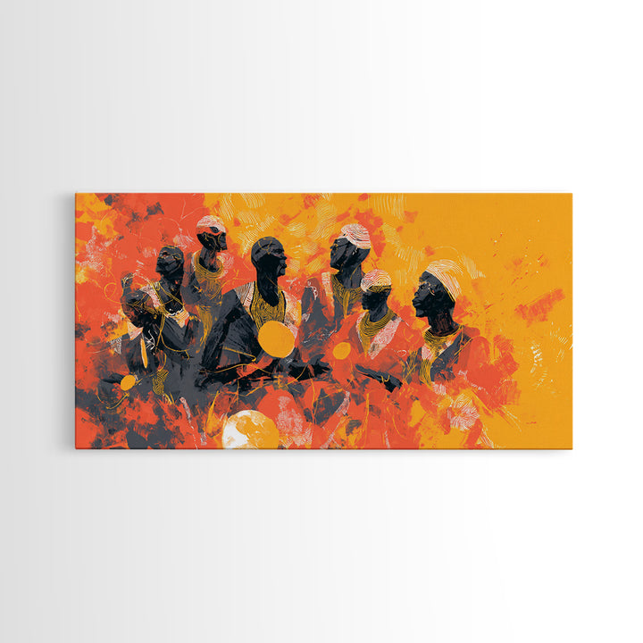 Orange African Drummers Wall Art, Tribal Music Painting, African Women Art, Afrocentric Decor, Cultural Home Decor Canvas Print