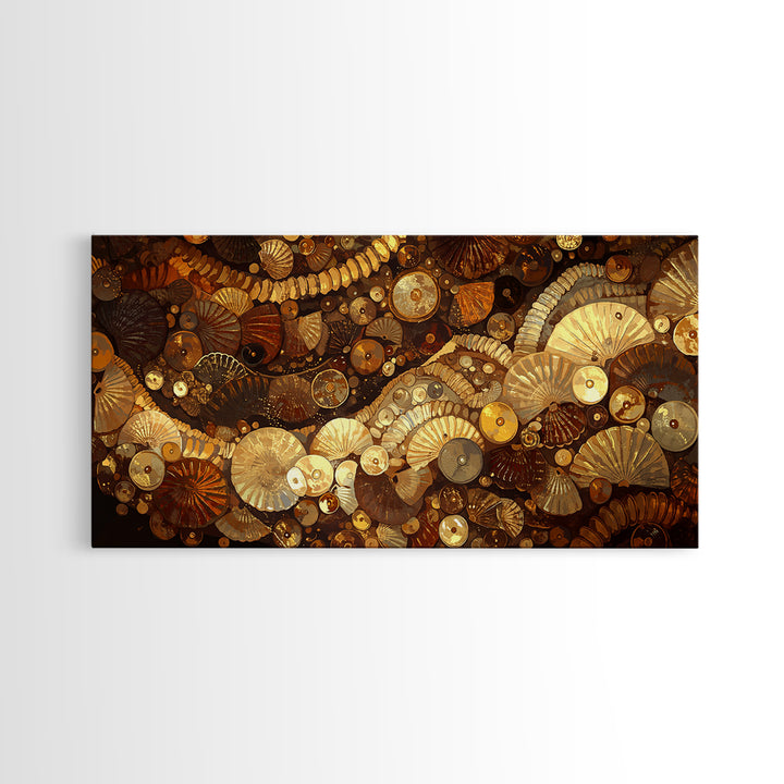 Gold Brown Shell Mosaic Wall Art, Abstract African Patterns, Luxury Art Home Decor, Earth Tone Bohemian Framed Canvas Print