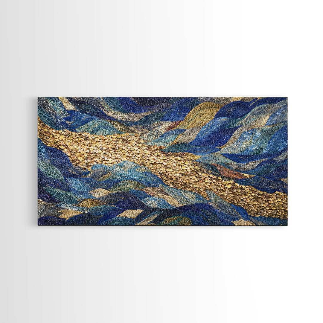 Blue Gold River Mosaic Wall Art, African Landscape, Textured Art Print, Coastal Abstract Decor, Modern Large Canvas Print