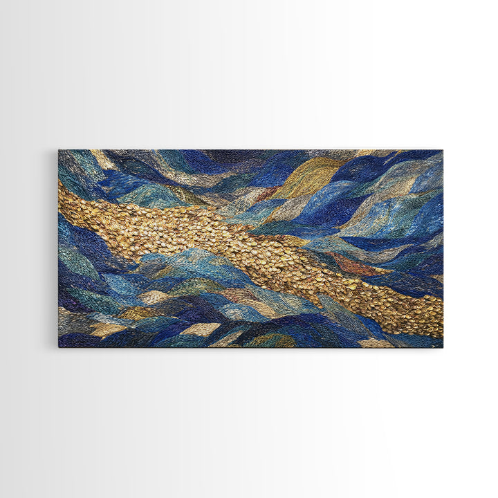 Blue Gold River Mosaic Wall Art, African Landscape, Textured Art Print, Coastal Abstract Decor, Modern Large Canvas Print