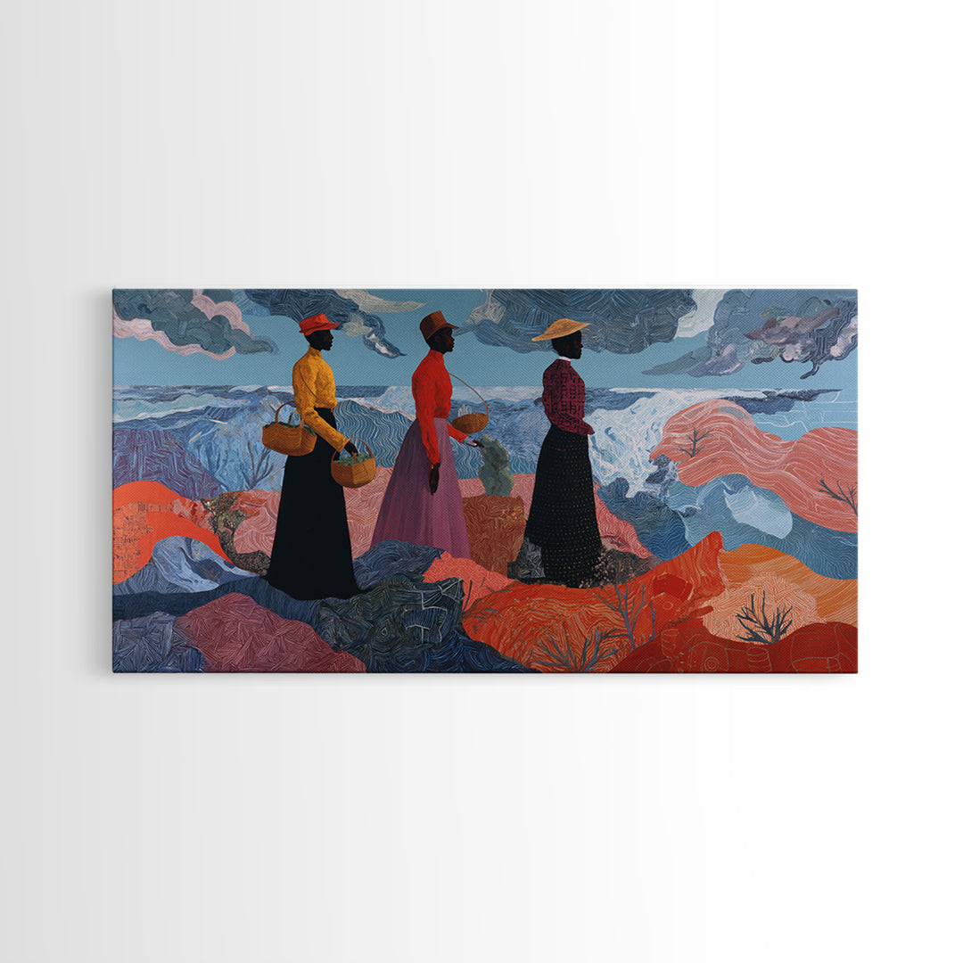 Three African Women By Stormy Sea Wall Art, Coastal Figurative Painting, Afrocentric Decor, Black Culture Art Print, Home Decor