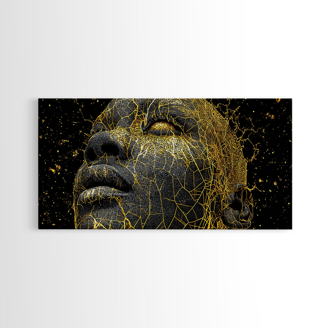 Golden Cracked Black Face Portrait Canvas Print, Abstract African Art, Melanin Artwork, Modern Black Art Decor, Gift For Him