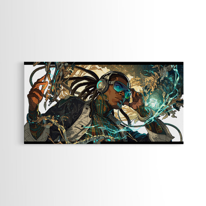 Afrofuturist Black Woman With Headphones Framed Canvas Print, Sci Fi Portrait, Afrocentric Wall Art, Digital Art Decor Gift