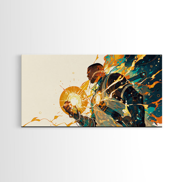 Black Futuristic Warrior Holding Sun Canvas Print, Afrofuturism Decor, Modern African Art, Teal Orange Wall Art Gift For Him