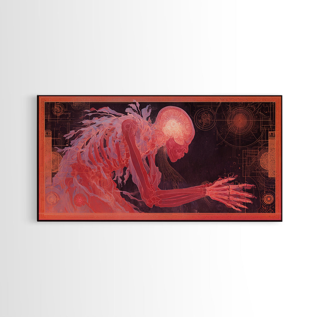 Pink Cybernetic Spirit Skeleton Framed Canvas Print, Futuristic Sci Fi Anatomy Wall Art, Mystical Afrocentric Decor Gift
