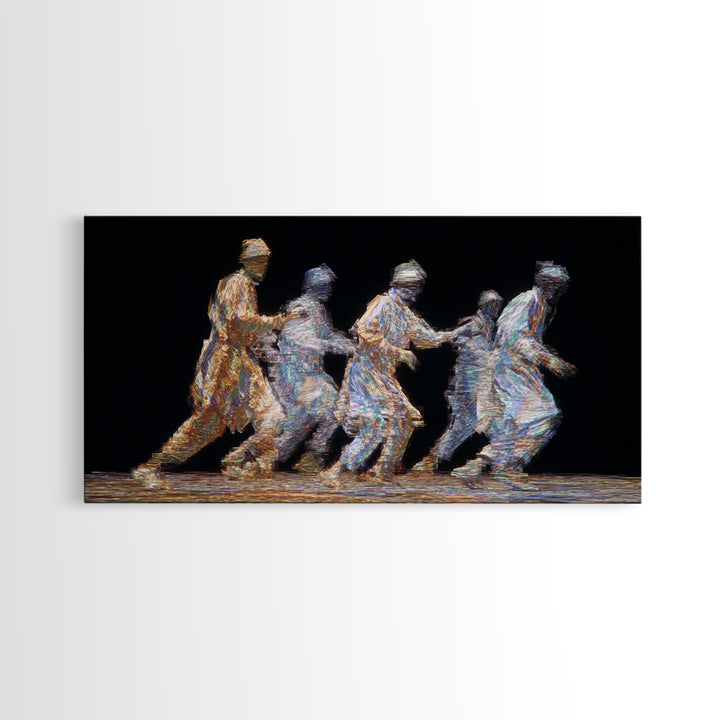 Five Glowing Figures Running On Black Canvas Print, Abstract Motion Wall Art, African Diaspora Art, Modern Home Decor Gift