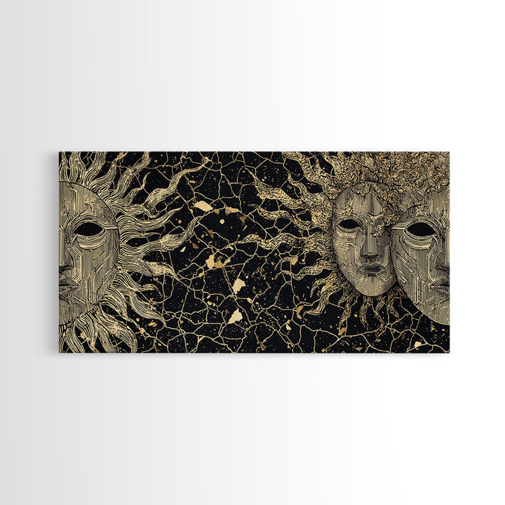 Golden African Masks On Black Abstract Wall Art, Tribal Mask Canvas Print, African Decor, Cultural Home Decor Gift, Statement Piece