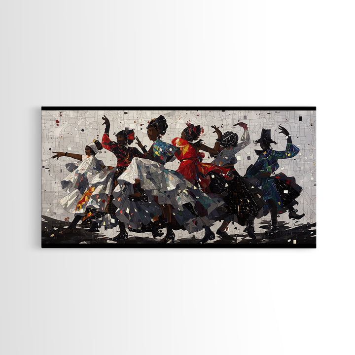 African Women Dancing In Colorful Dresses Wall Art, Afrocentric Culture Decor, Black Women Art, Tribal Dance Canvas Print