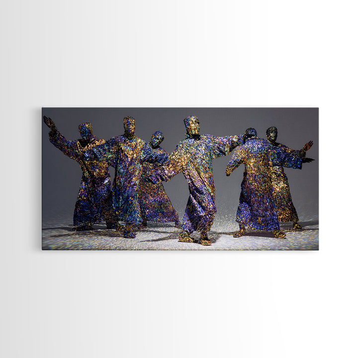 Shimmering Abstract African Figures Dancing Framed Canvas Print, Gold Black Art, Contemporary Afrocentric Wall Decor, Luxury Canvas Art