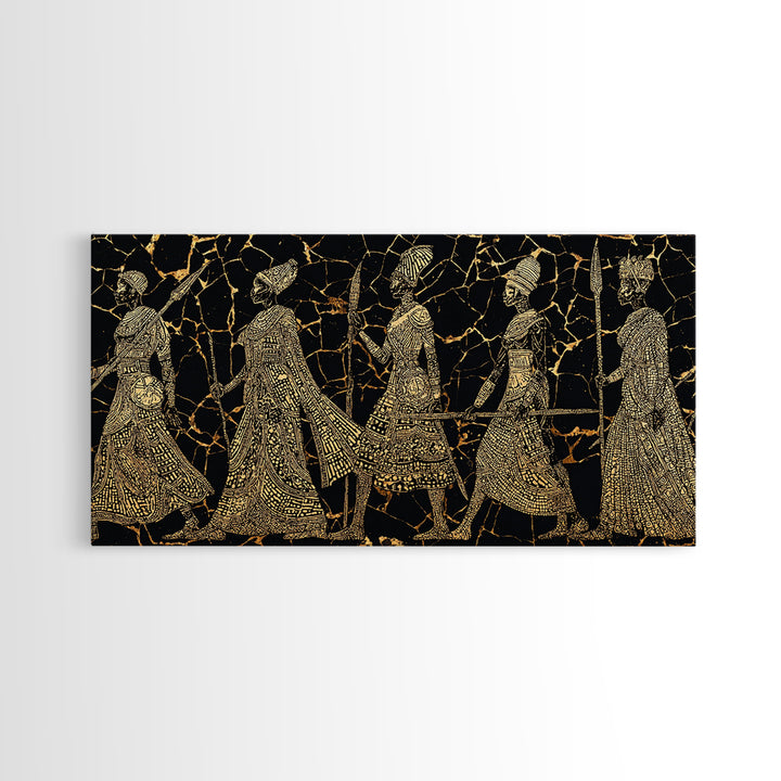 Gold Tribal Women Procession On Black Wall Art, African Patterns, Elegant Cultural Decor, Boho African Canvas Print For Bedroom