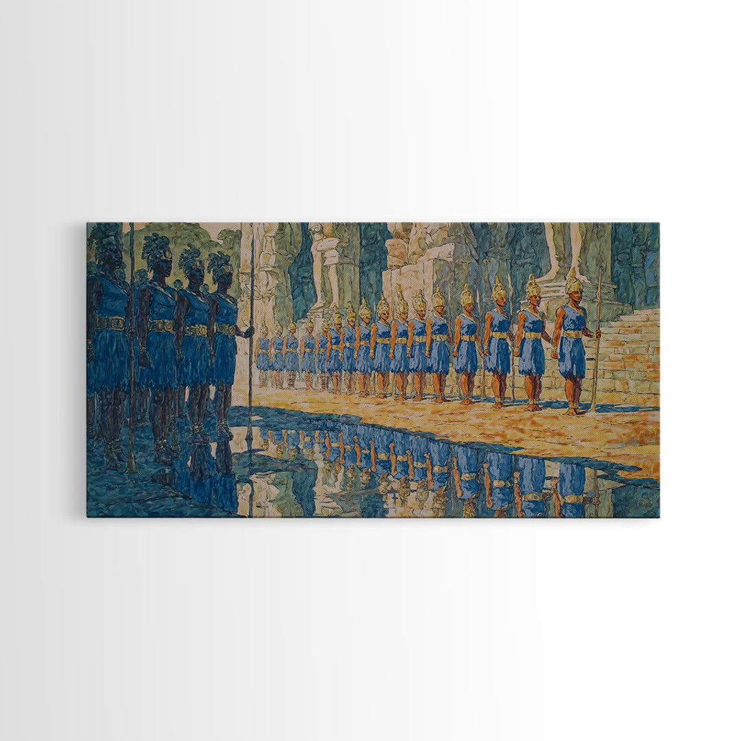 Blue Palace Guard Procession Canvas Print, African Warrior Art, Royal Cultural Wall Decor, Statement Living Room Artwork