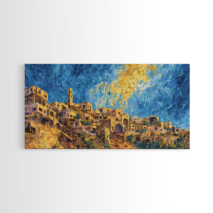 Swirling Sky Desert Village Framed Canvas Print, African Landscape Wall Art, Dreamy Blue Gold Home Decor, Unique Gift Idea