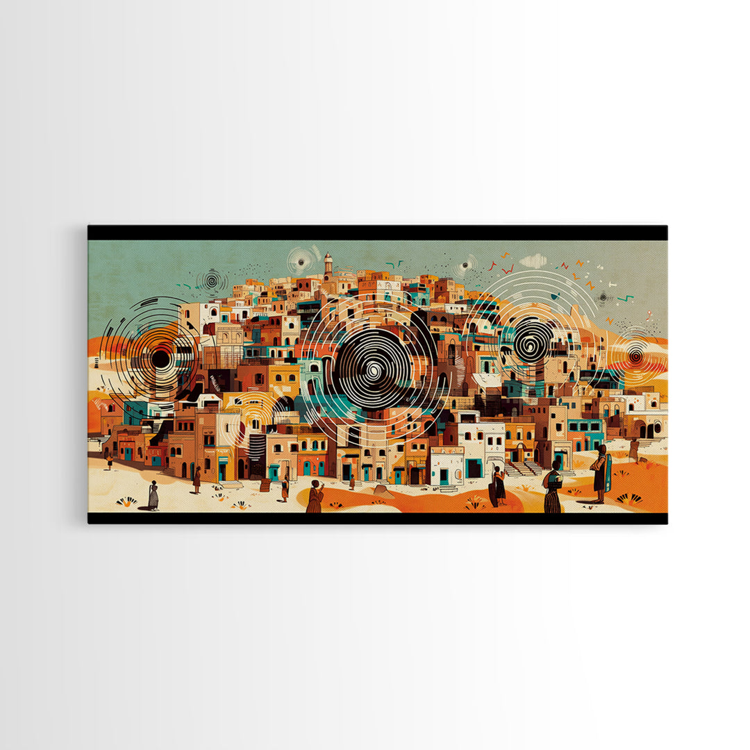 Panoramic Desert City With Circular Motifs Canvas Print, African Landscape, Modern Wall Art, Terracotta Home Decor Gift For Him