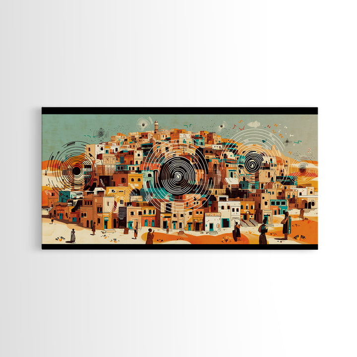 Panoramic Desert City With Circular Motifs Canvas Print, African Landscape, Modern Wall Art, Terracotta Home Decor Gift For Him