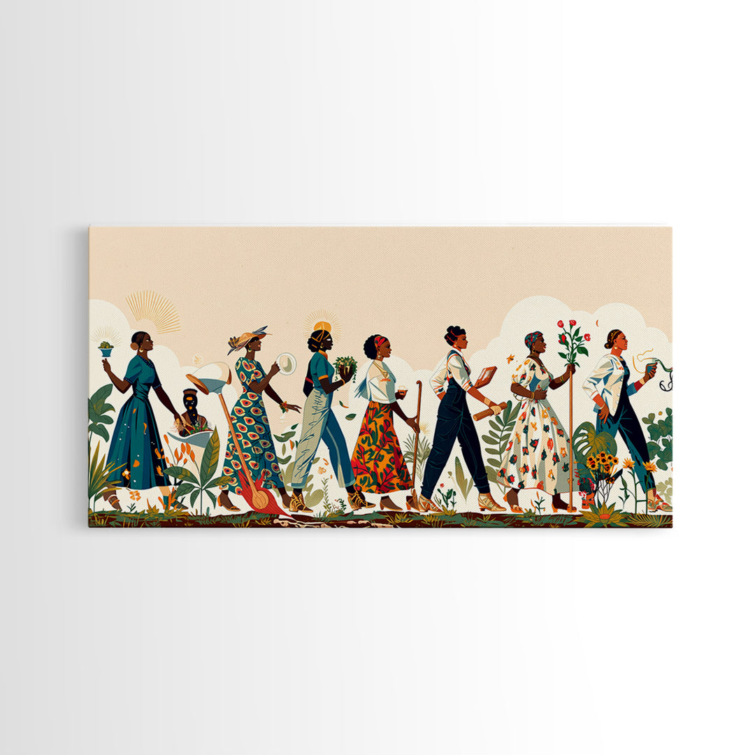 Elegant African Women Procession Wall Art, Floral Ankara Dresses, Feminine Afrocentric Decor, Black Woman Art Gift For Her