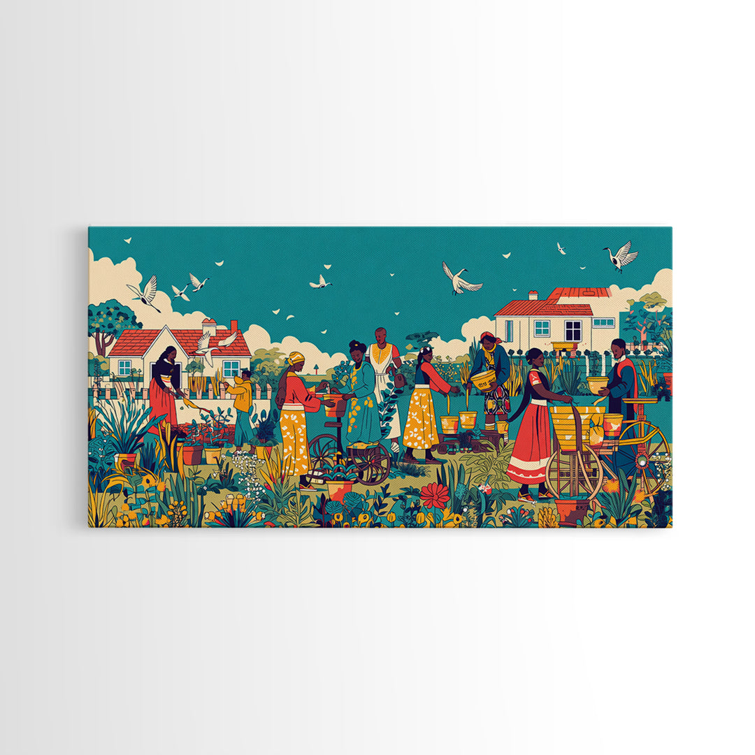 Joyful African Village Garden Canvas Print, Black Women Community Scene, Colorful Afrocentric Wall Decor, Housewarming Gift