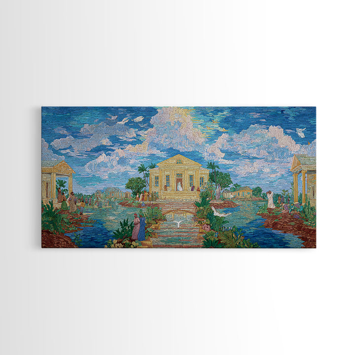Dreamy Temple Lake Landscape Wall Art, Blue Impressionist Nature Scene, Spiritual African Inspired Decor, Elegant Home Gift
