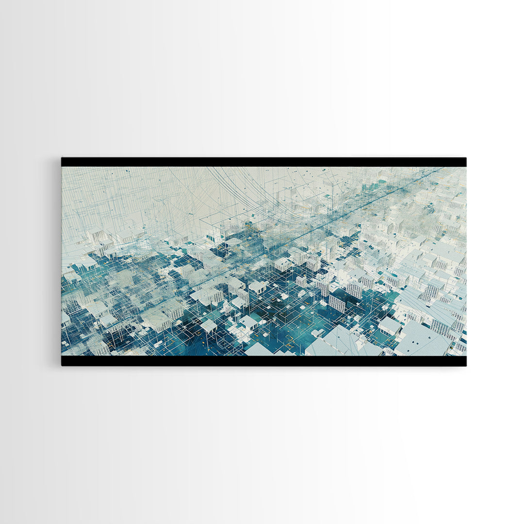 Abstract Blue City Grid Canvas Print, Minimalist Digital Landscape, Modern Wall Art, Cool Geometric Office Decor Art Gift