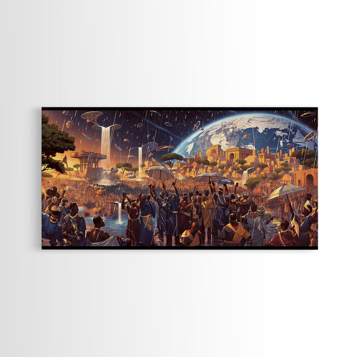 Afrofuturist African City Celebration Framed Canvas Print, Black Culture Art, Afrocentric Wall Art, Bold Home Decor, Statement Piece