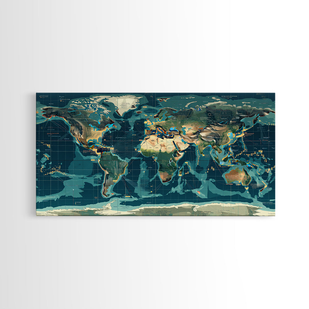 Teal Illustrated World Map Wall Art, Digital Art, Office Decor, Modern Wall Decor, Large Canvas Wall Art, Gift For Travelers