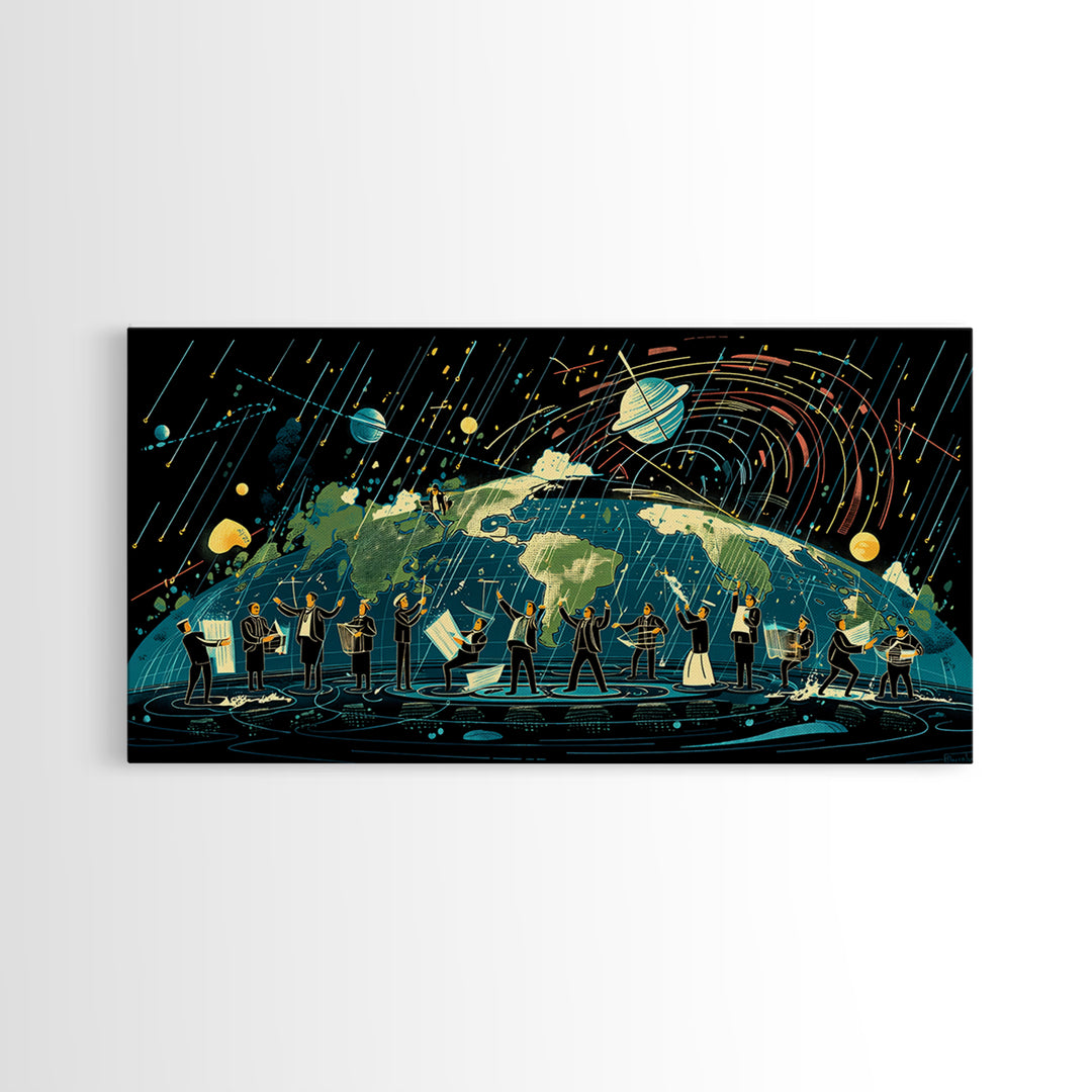 Cosmic Orchestra Over Earth Canvas Print, Digital Art, Modern Wall Art, Music Room Decor, Unique Canvas Art, Gift For Him