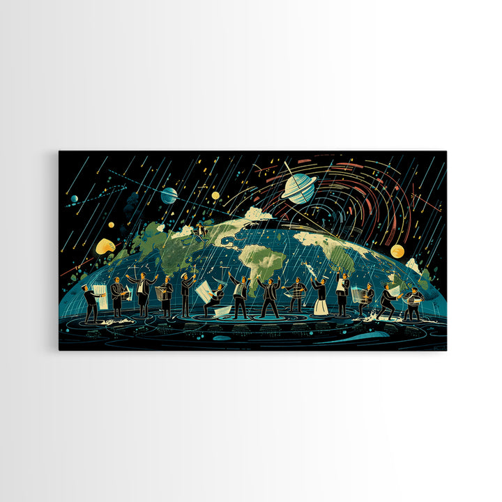 Cosmic Orchestra Over Earth Canvas Print, Digital Art, Modern Wall Art, Music Room Decor, Unique Canvas Art, Gift For Him