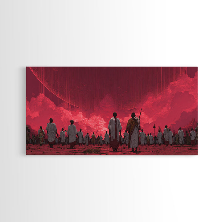 Red Dystopian Pilgrimage Landscape Framed Canvas Print, African Inspired Wall Art, Cultural Art, Bold Living Room Decor, Gift