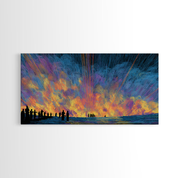 Cosmic Sunset Figures By The Sea Canvas Print, Colorful Wall Decor, Modern Abstract Art, Statement Wall Art, Unique Gift