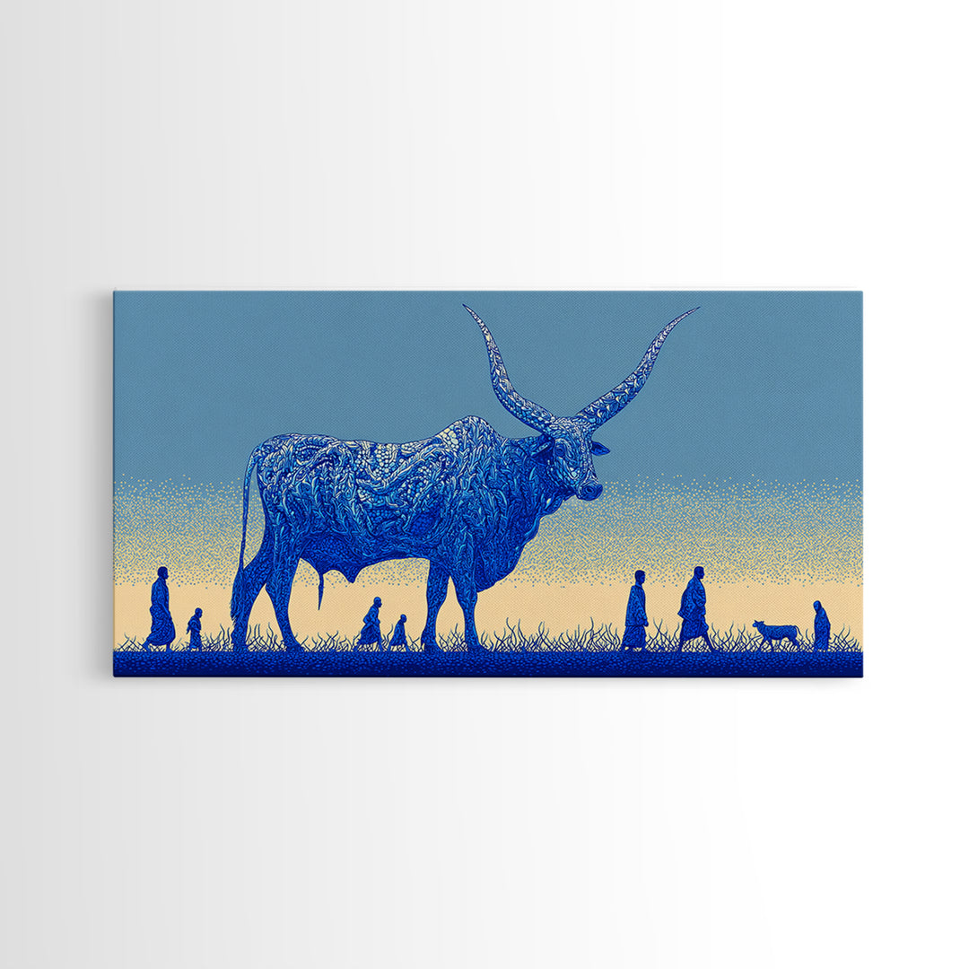 Giant Blue Longhorn Cattle Wall Art, African Animal Art Canvas Print, Safari Decor, Statement Living Room Wall Decor Gift