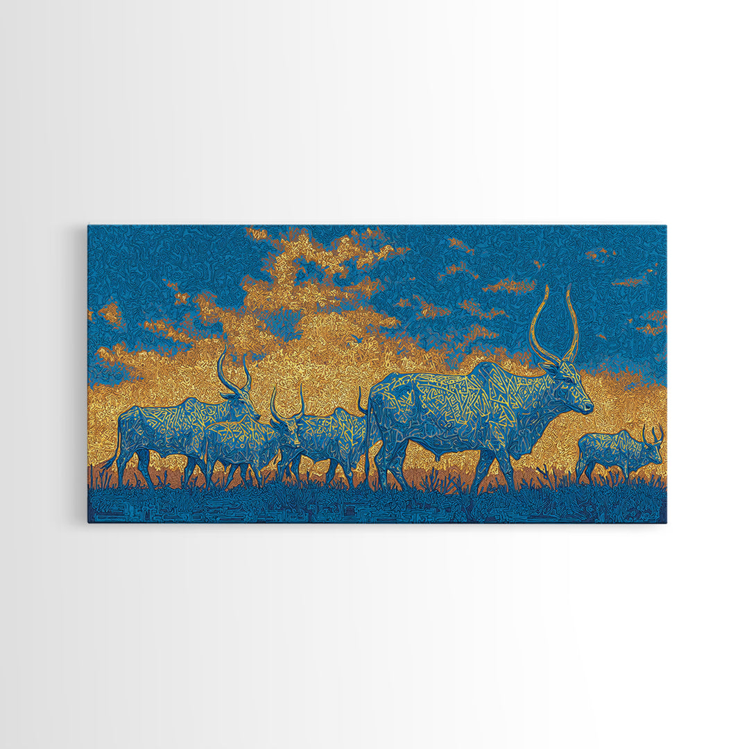 Blue And Gold Watusi Herd Wall Art, African Safari Art Canvas Print, Savanna Landscape, Colorful African Wall Decor Gift