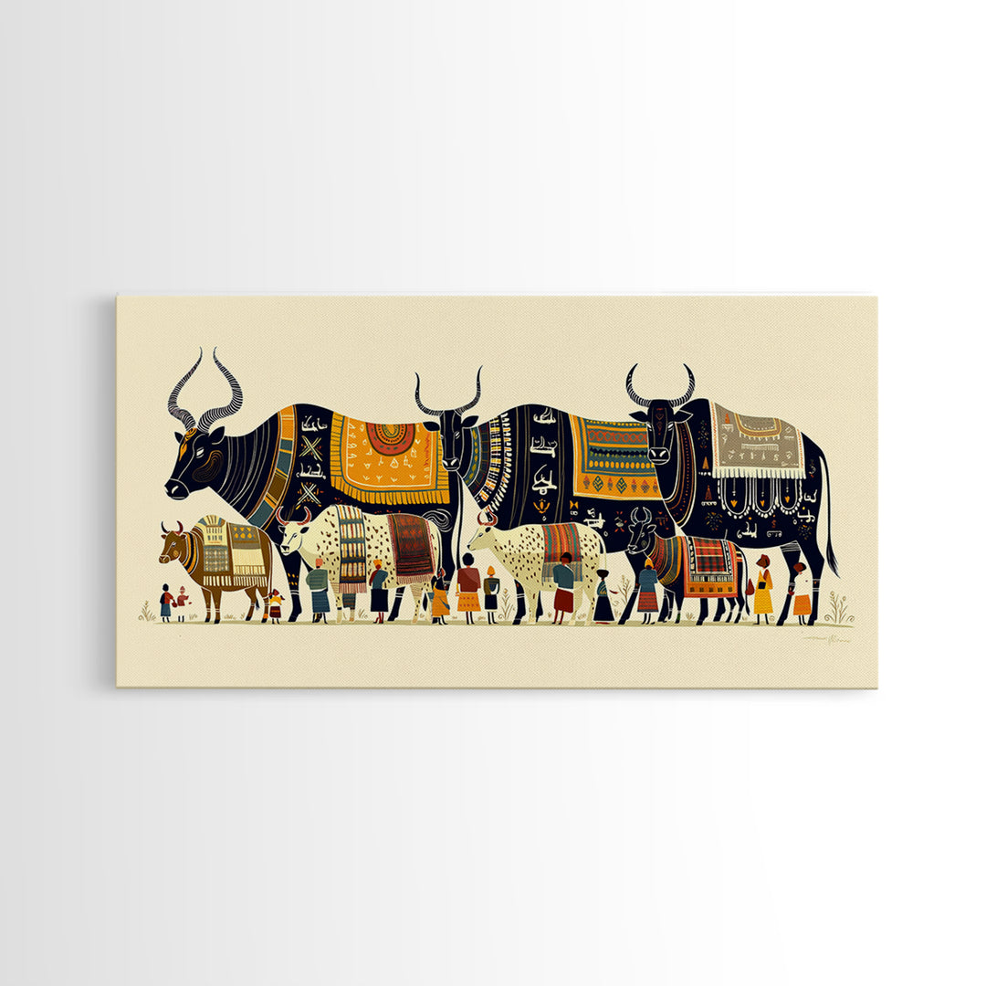 Patterned Watusi Cattle Parade Wall Art, African Fabric Canvas Print, Ankara Decor, Cultural Home Decor Unique Gift For Her