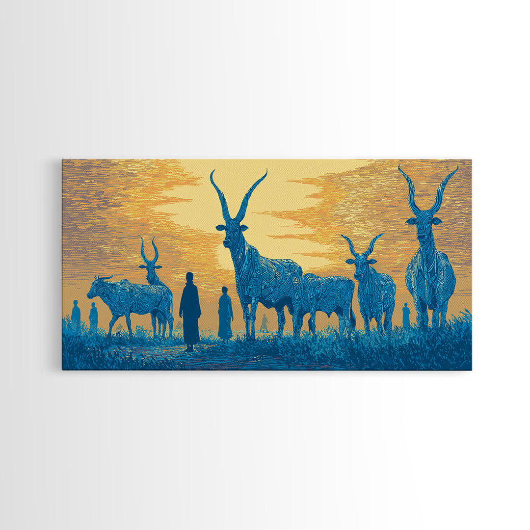 Blue Watusi Cattle Sunset Wall Art, African Safari Art Canvas Print, African Landscape, Rustic Living Room Decor Gift For Him