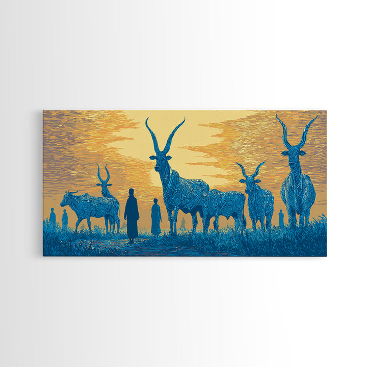 Blue Watusi Cattle Sunset Wall Art, African Safari Art Canvas Print, African Landscape, Rustic Living Room Decor Gift For Him